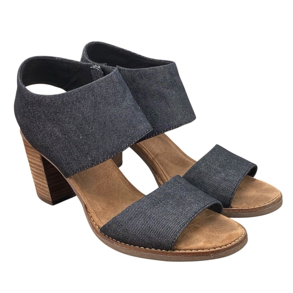 TOMS Majorca Cutout Heeled Sandal Women's 8 Dark Blue Chambray Block Heel